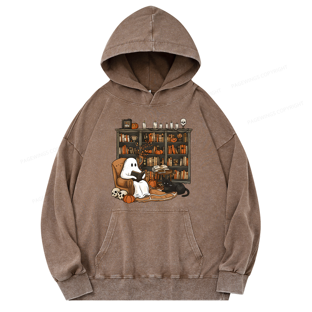 Pagewings Halloween Ghost Reading Books Unisex Washed Hoodie
