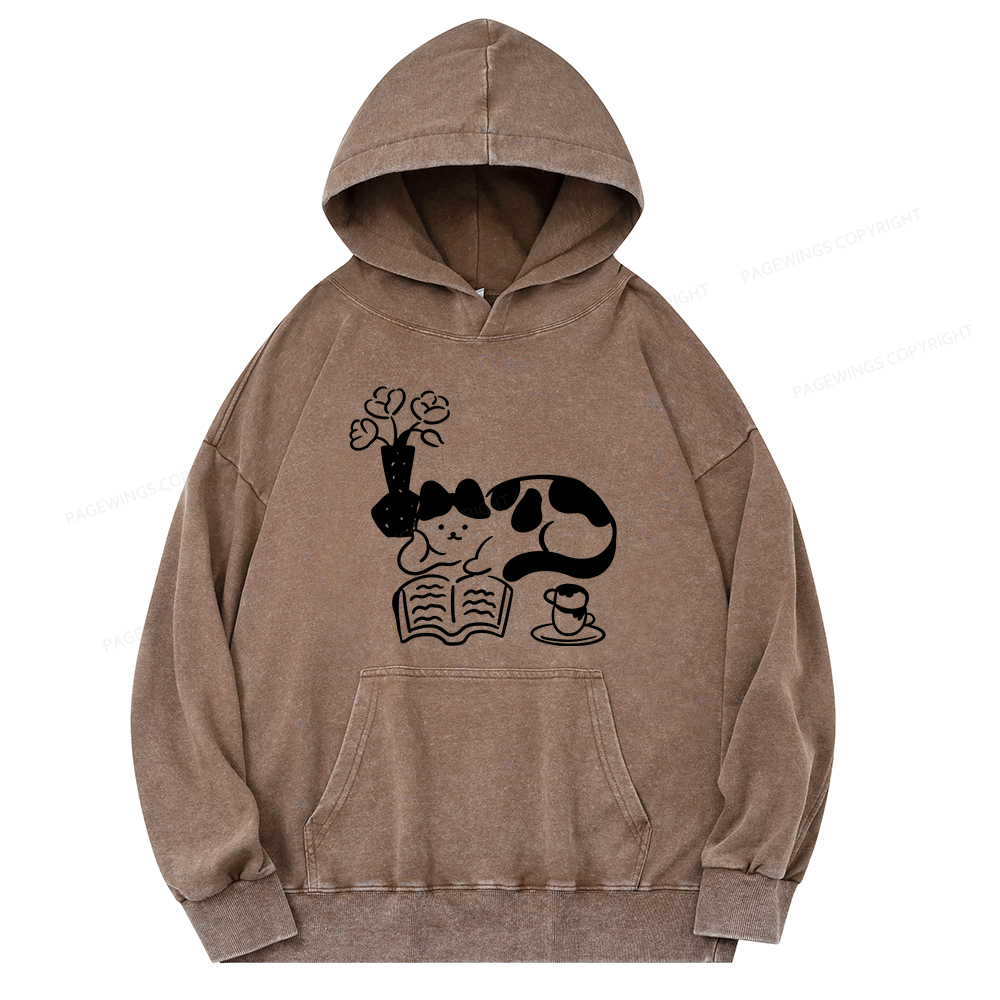 Pagewings The Cat Who Loves Reading Unisex Washed Hoodie