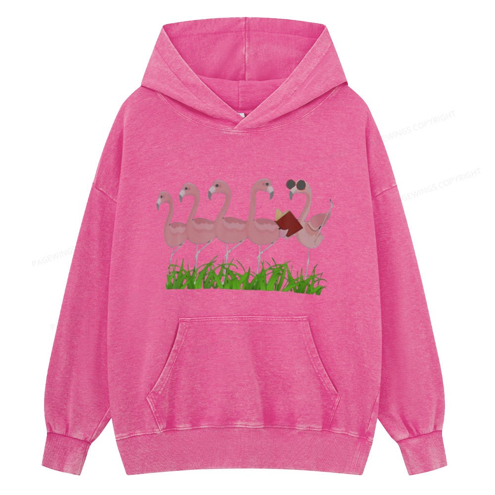 Pagewings  Funny Flamingo Reading Book Unisex Washed Hoodie