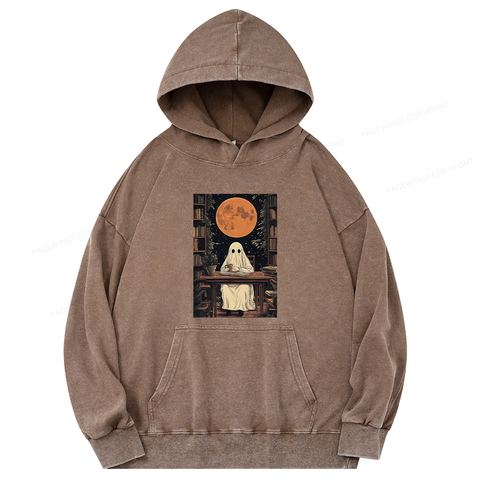 Pagewings Halloween Ghost Books Coffee Unisex Washed Hoodie