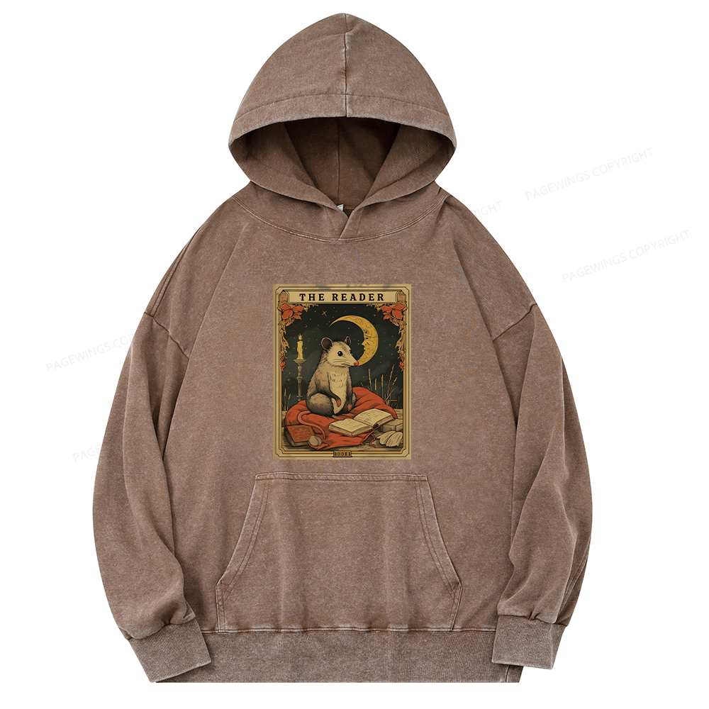 Pagewings The Reader Opossum Tarot Card Unisex Washed Hoodie