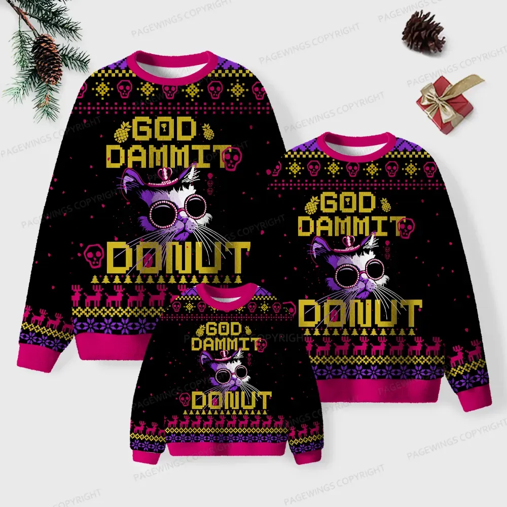 Pagewings God Dammit Donut Unisex Ugly Knit Sweatshirt