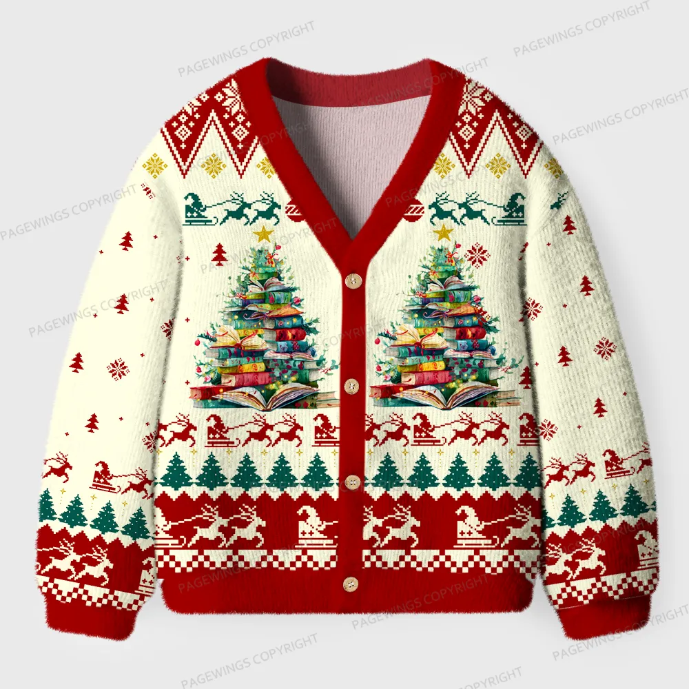 Pagewings Holiday Book Tree Unisex Ugly Cardigan Sweaters