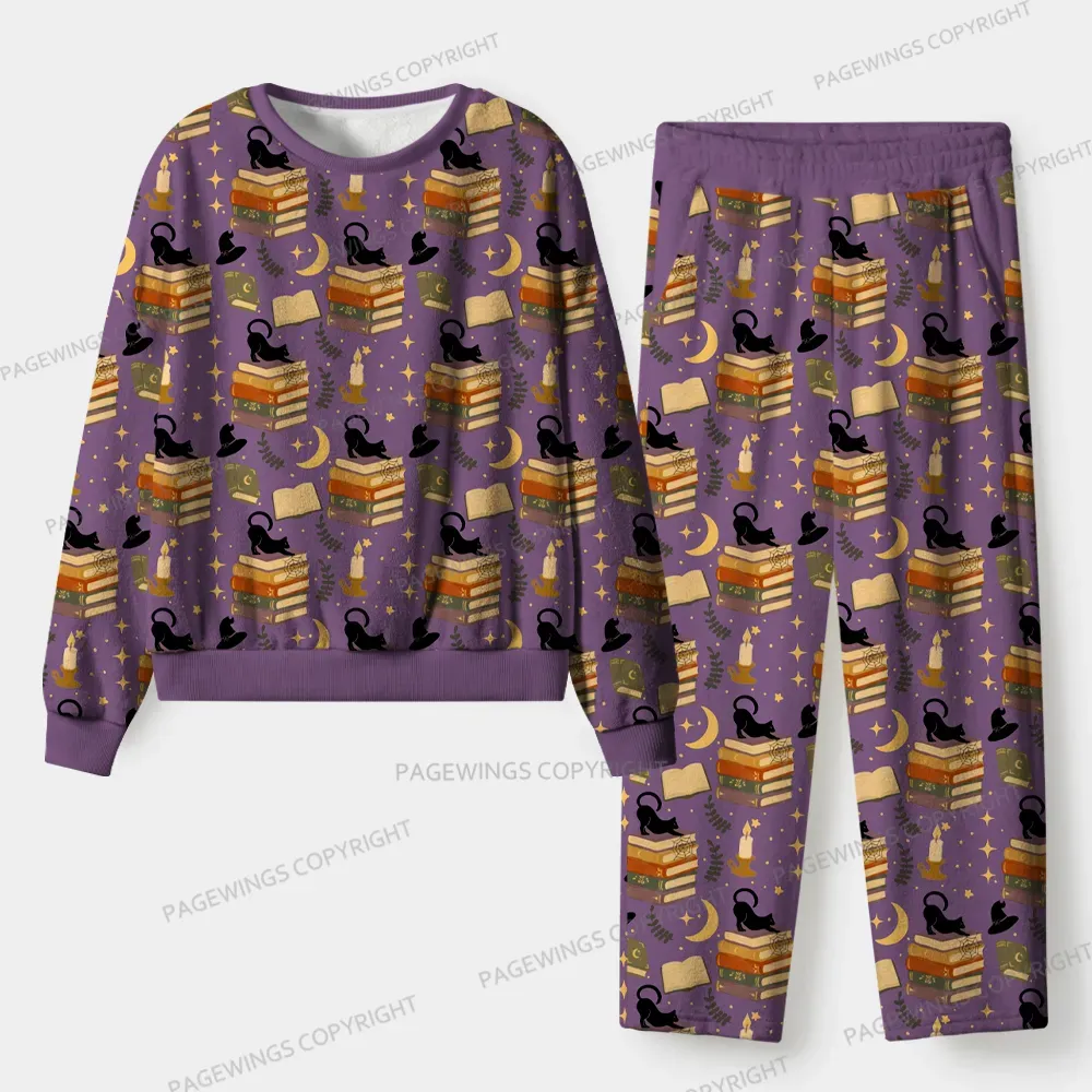 Pagewings Cats And Reading Unisex Flannel Pajama Set