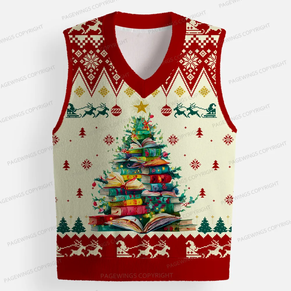 Pagewings Christmas Book Tree  Unisex V-Neck Ugly Knit Vest