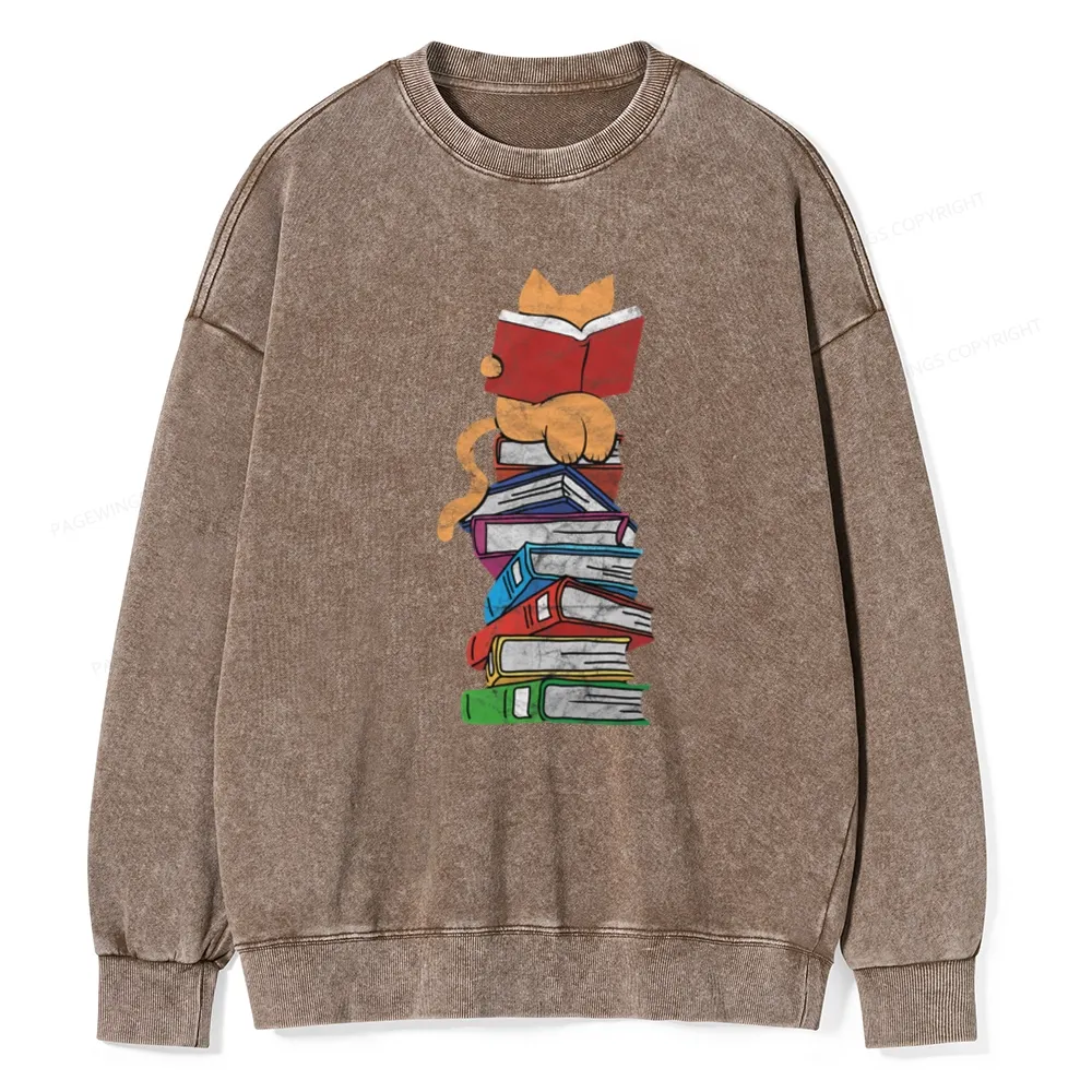 Pagewings Funny Kitten Pet Bookworm Reader Unisex Washed Sweatshirt