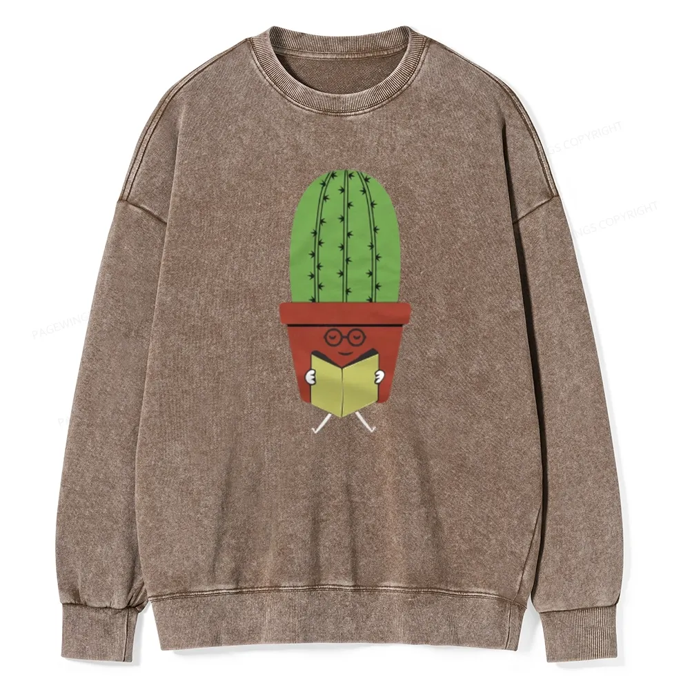Pagewings Cute Cactus Reading Books Unisex Washed Sweatshirt