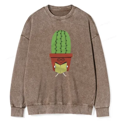 Pagewings Cute Cactus Reading Books Unisex Washed Sweatshirt