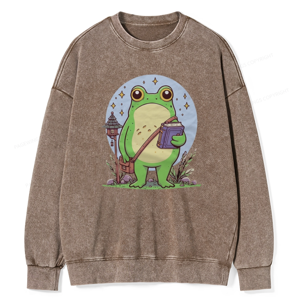 Pagewings Frog Reading Book Unisex Washed Sweatshirt