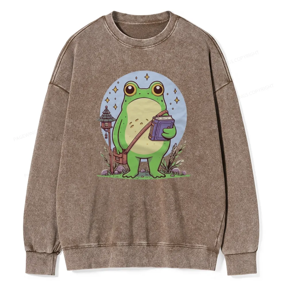 Pagewings Frog Reading Book Unisex Washed Sweatshirt