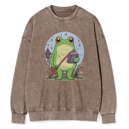 Pagewings Frog Reading Book Unisex Washed Sweatshirt