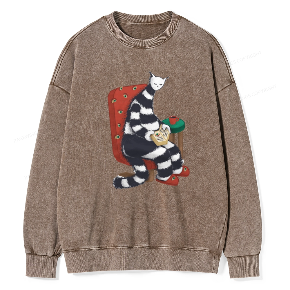 Pagewings Weird Cat Reading At Home Unisex Washed Sweatshirt