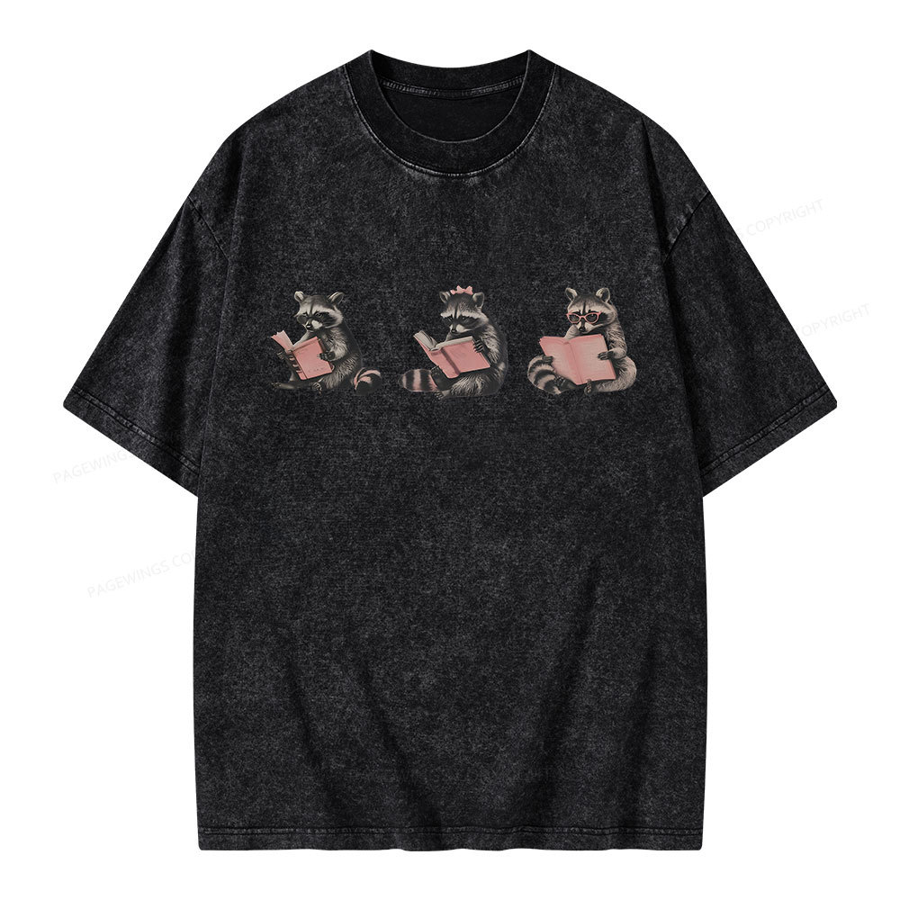 Pagewings Funny Raccoon Bookish Gift Unisex Washed T-shirt