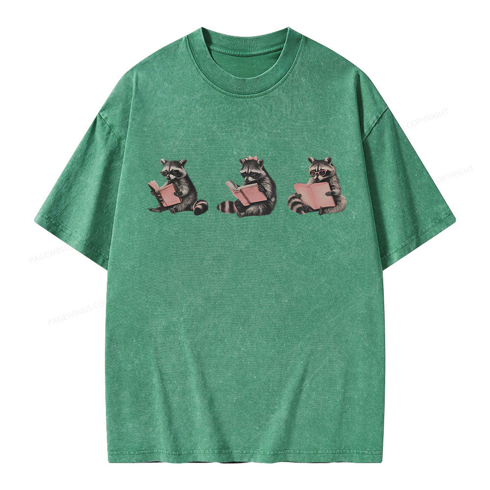 Pagewings Funny Raccoon Bookish Gift Unisex Washed T-shirt