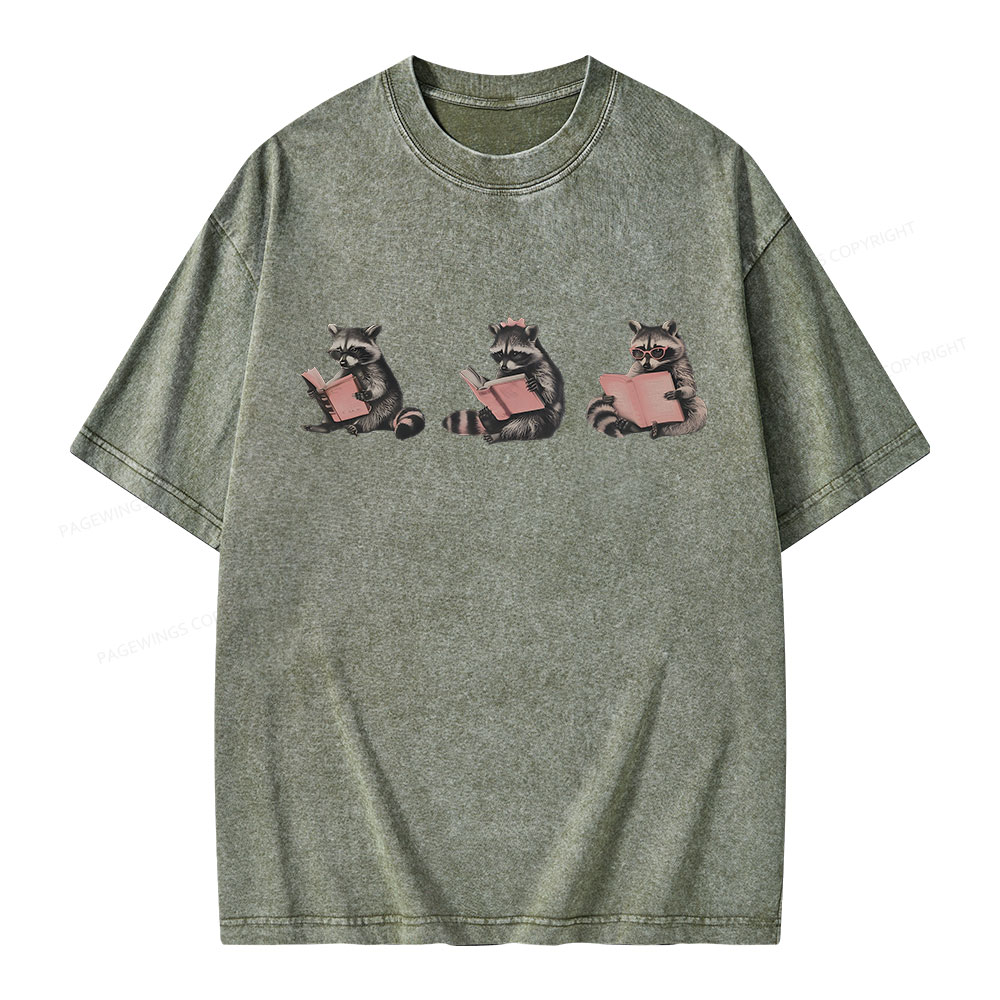 Pagewings Funny Raccoon Bookish Gift Unisex Washed T-shirt