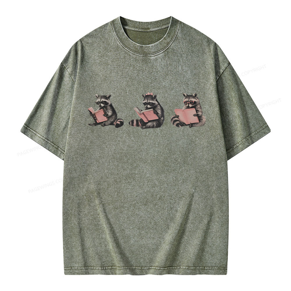 Pagewings Funny Raccoon Bookish Gift Unisex Washed T-shirt