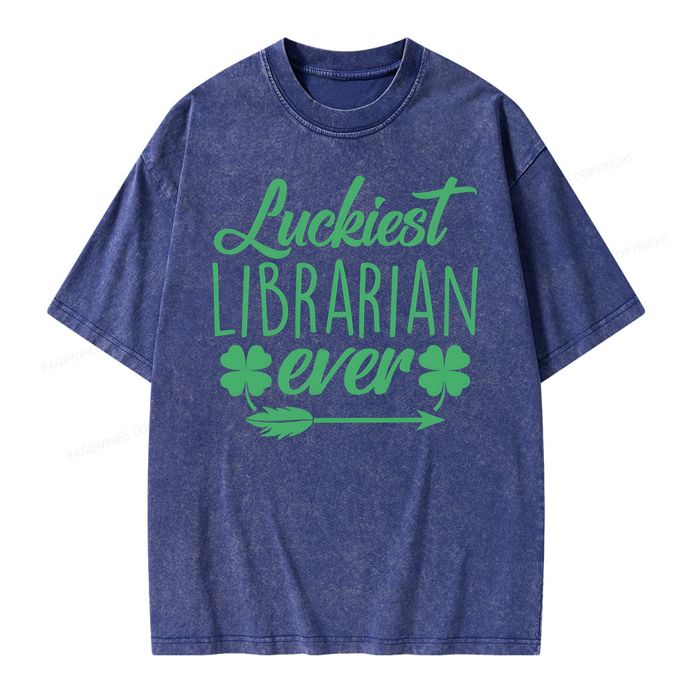 Pagewings Luckiest Librarian Unisex Washed T-shirt
