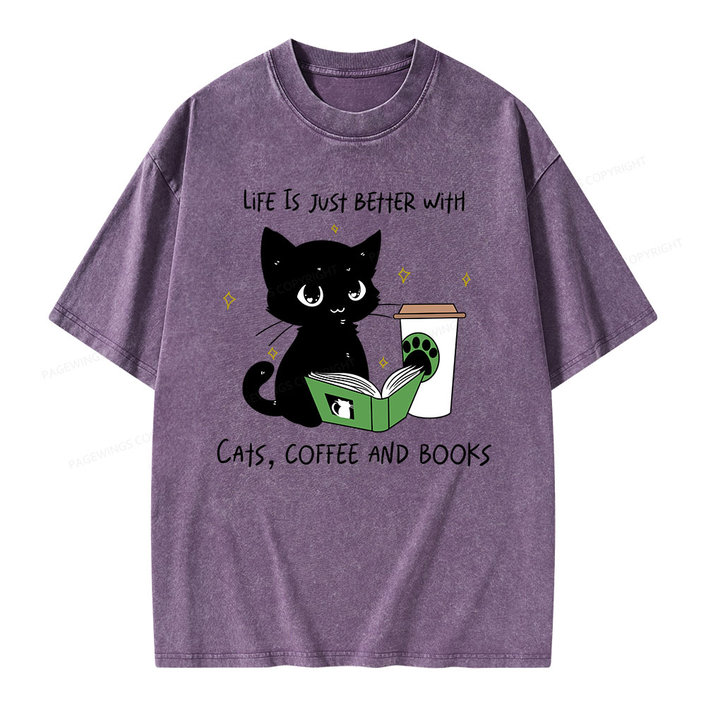 Pagewings Cats，Coffee And Books Unisex Washed T-shirt