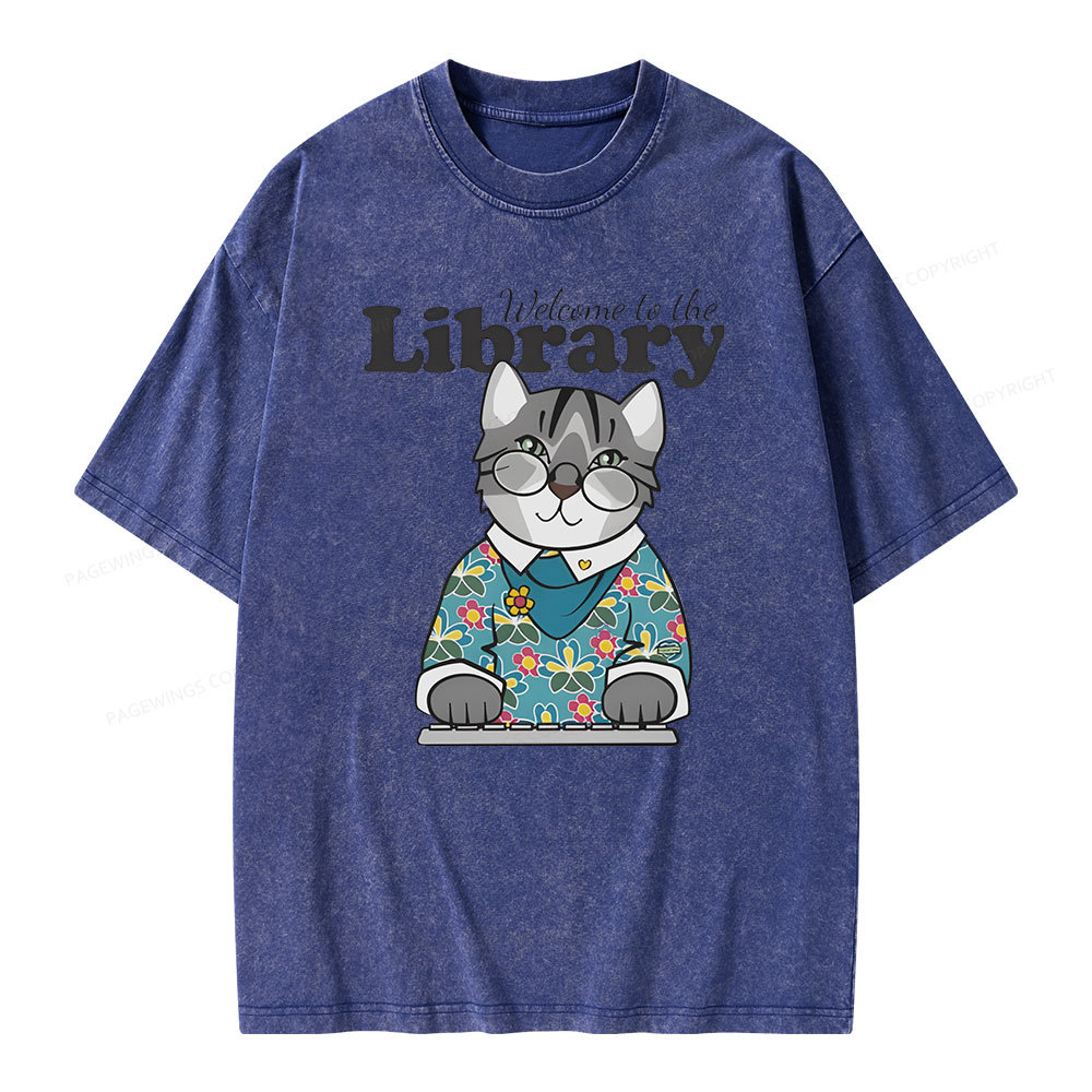Pagewings Welcome to the Library Cat Unisex Washed T-shirt