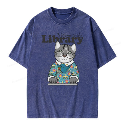 Pagewings Welcome to the Library Cat Unisex Washed T-shirt