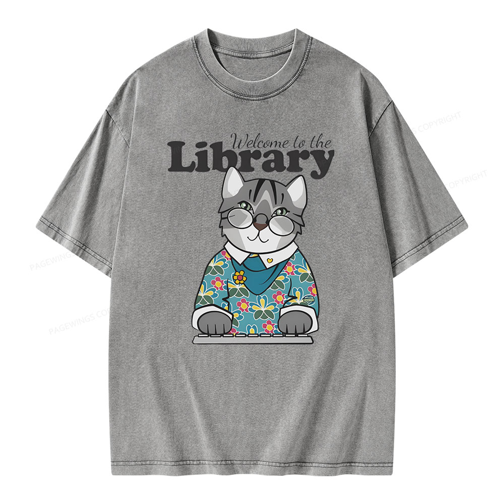 Pagewings Welcome to the Library Cat Unisex Washed T-shirt