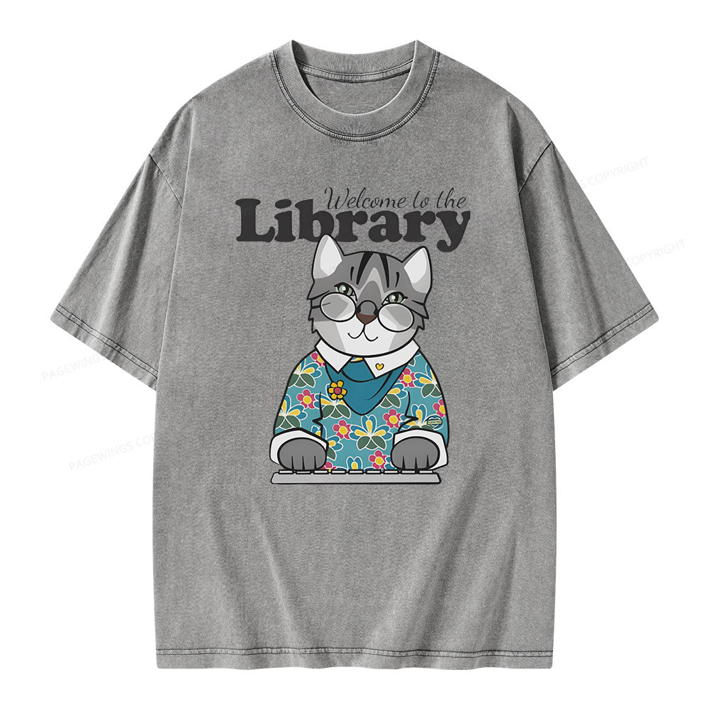 Pagewings Welcome to the Library Cat Unisex Washed T-shirt
