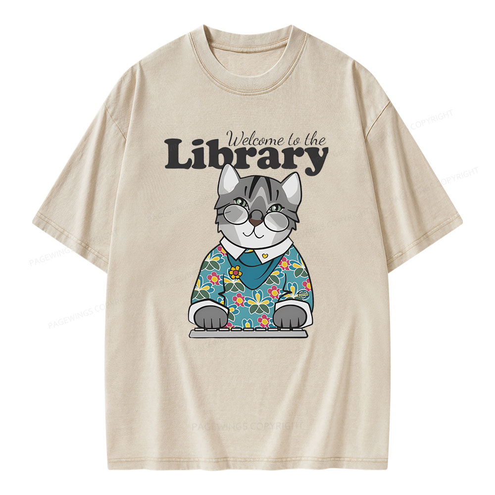 Pagewings Welcome to the Library Cat Unisex Washed T-shirt