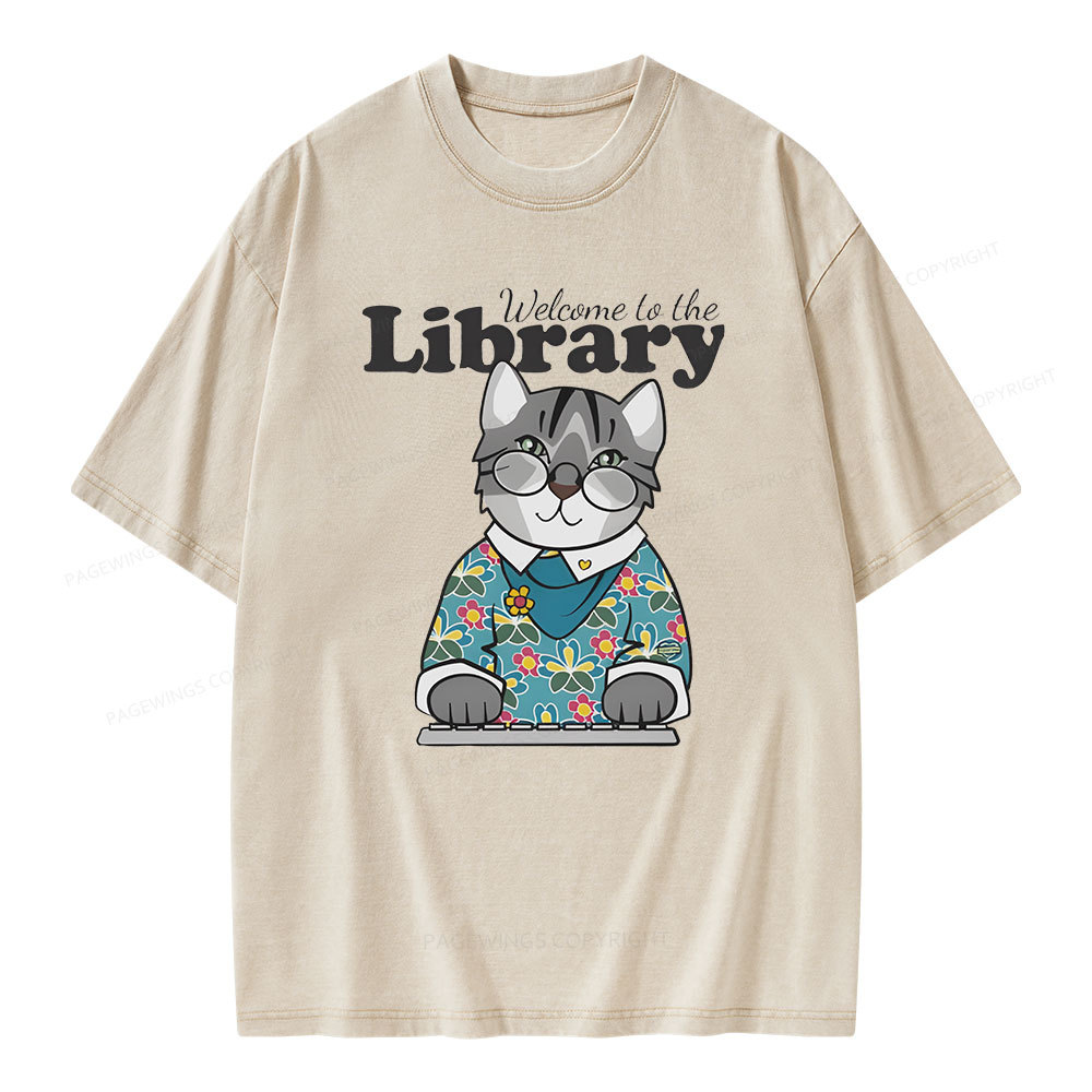 Pagewings Welcome to the Library Cat Unisex Washed T-shirt