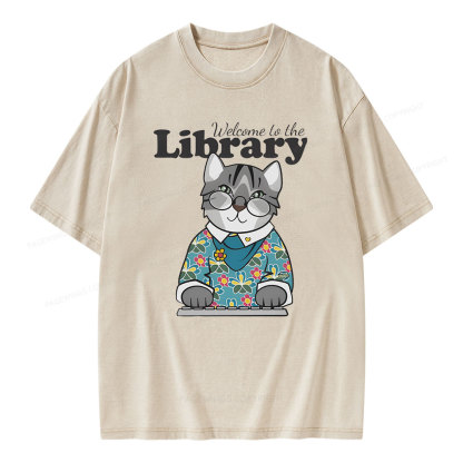 Pagewings Welcome to the Library Cat Unisex Washed T-shirt