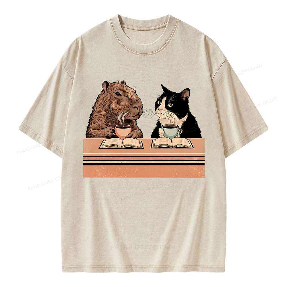 Pagewings Capybara and Tuxedo Cat Chilling with Coffee Unisex Washed T-shirt