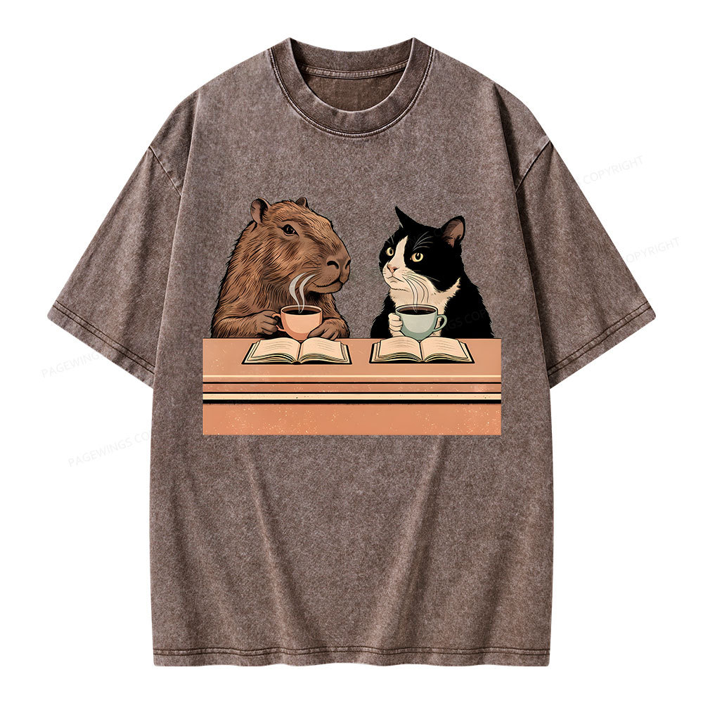 Pagewings Capybara and Tuxedo Cat Chilling with Coffee Unisex Washed T