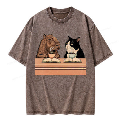 Pagewings Capybara and Tuxedo Cat Chilling with Coffee Unisex Washed T-shirt