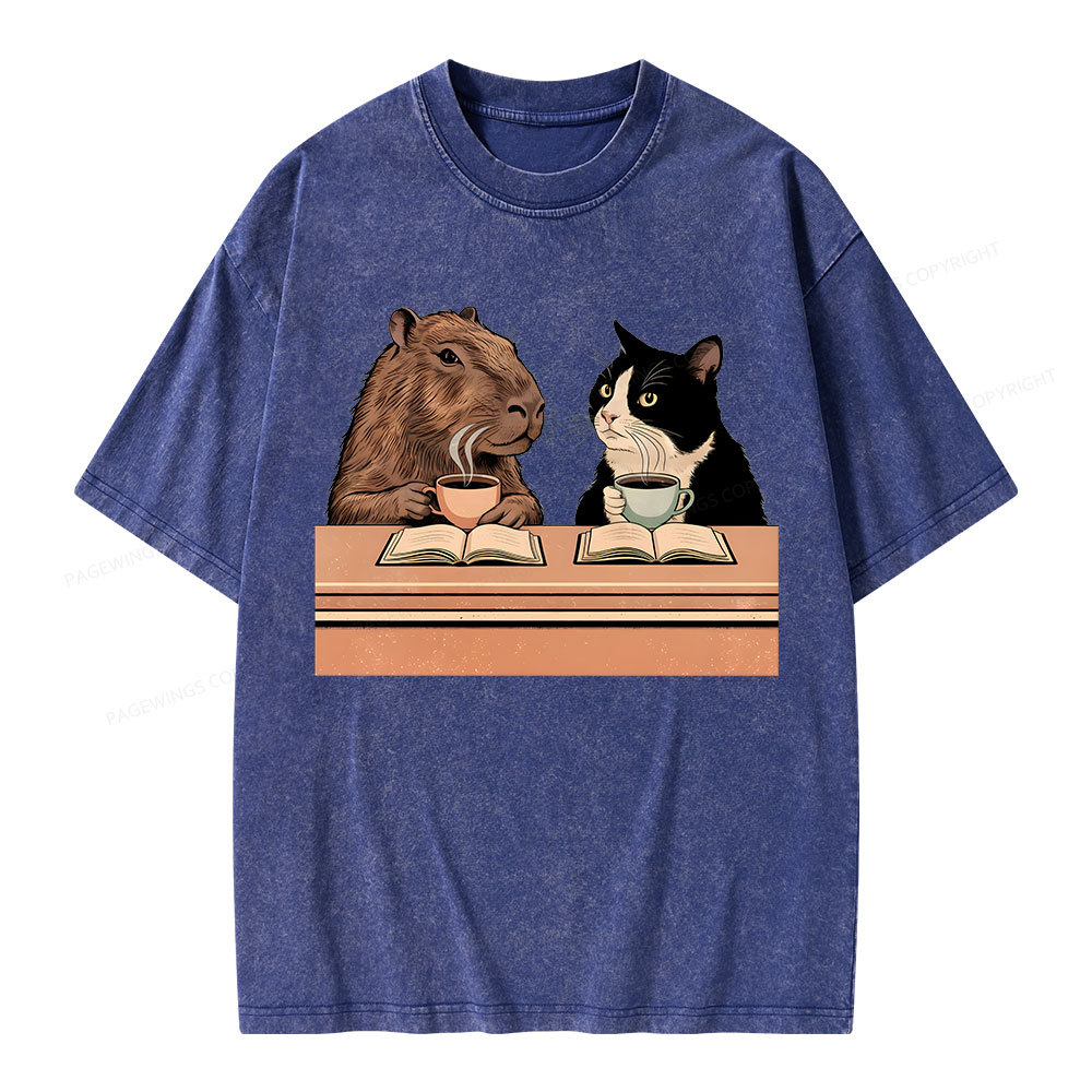 Pagewings Capybara and Tuxedo Cat Chilling with Coffee Unisex Washed T-shirt
