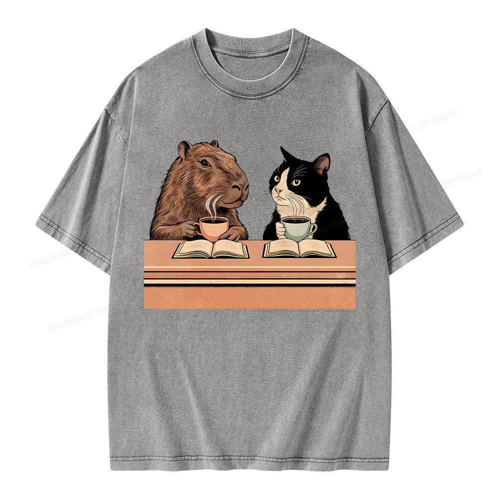 Pagewings Capybara and Tuxedo Cat Chilling with Coffee Unisex Washed T-shirt