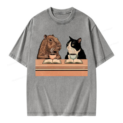 Pagewings Capybara and Tuxedo Cat Chilling with Coffee Unisex Washed T-shirt