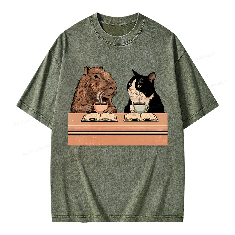 Pagewings Capybara and Tuxedo Cat Chilling with Coffee Unisex Washed T-shirt