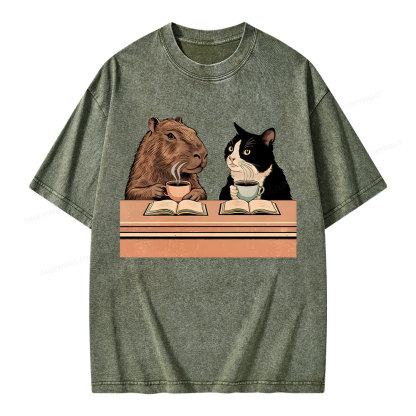 Pagewings Capybara and Tuxedo Cat Chilling with Coffee Unisex Washed T-shirt
