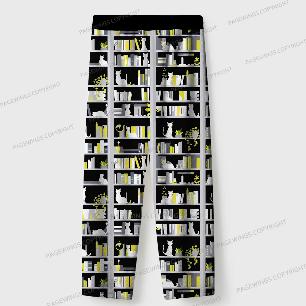 Pagewings Bookshelf And Cats Unisex Flannel Pajama Set