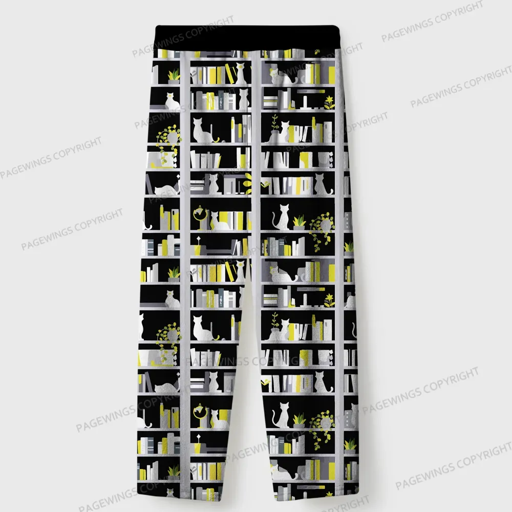 Pagewings Bookshelf And Cats Unisex Flannel Pajama Set