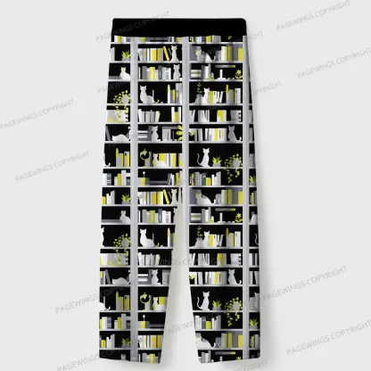 Pagewings Bookshelf And Cats Unisex Flannel Pajama Set