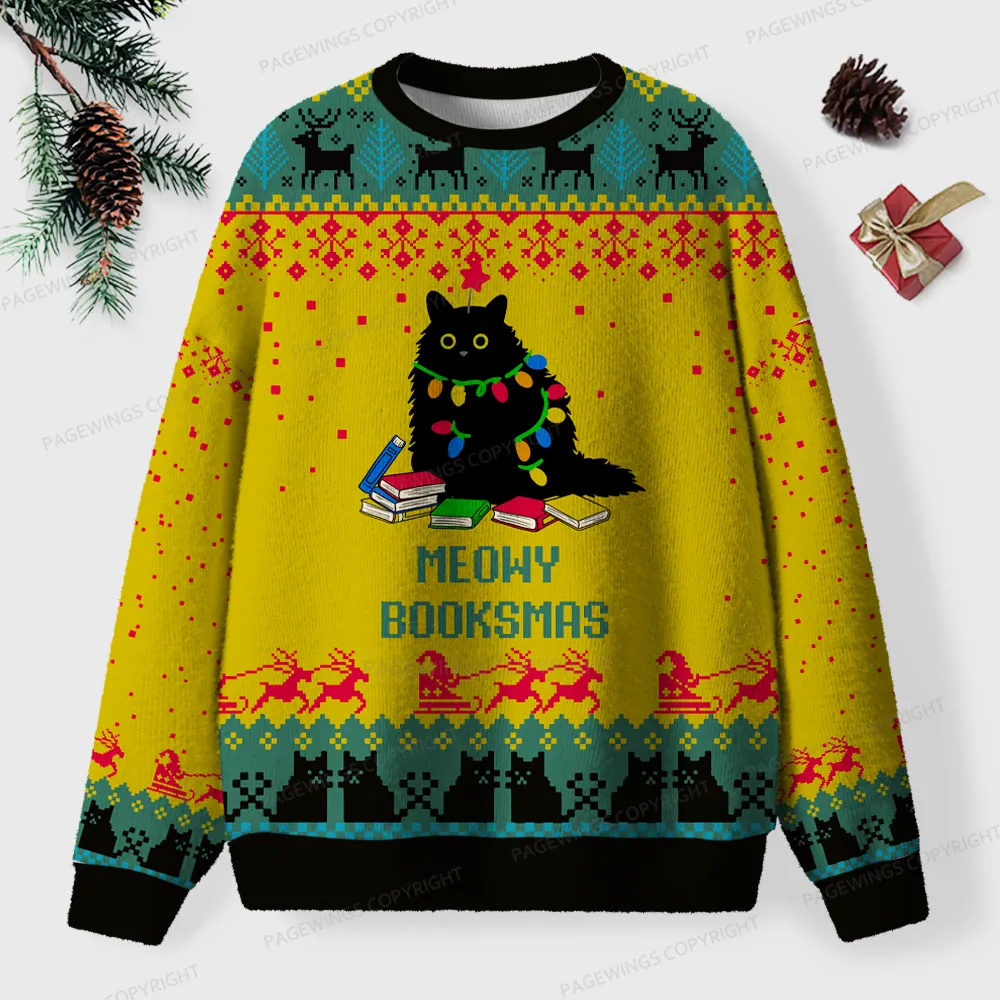 Pagewings Meowy Booksmas Unisex Ugly Knit Sweatshirt