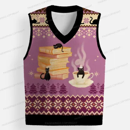 Pagewings Just a Book Loving Cat Unisex V-Neck Ugly Knit Vest