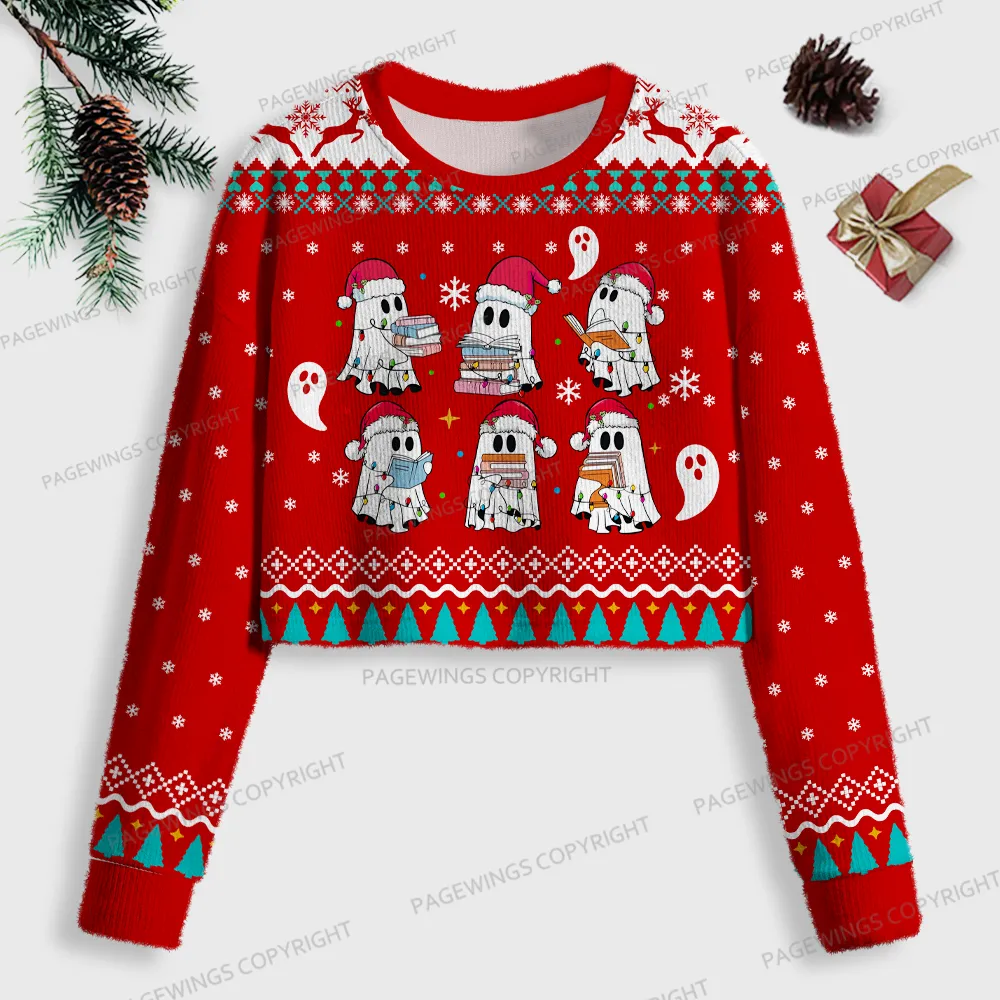 Pagewings Ghost Reading Women Ugly Crop Sweatshirt