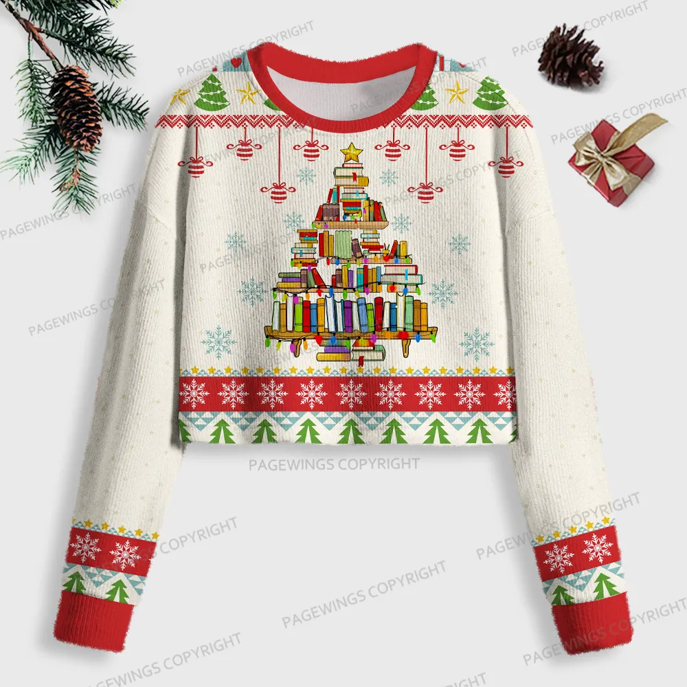 Pagewings Christmas Book Tree Women Ugly Crop Sweatshirt