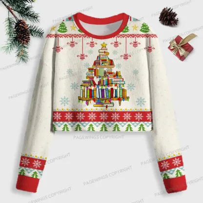 Pagewings Christmas Book Tree Women Ugly Crop Sweatshirt