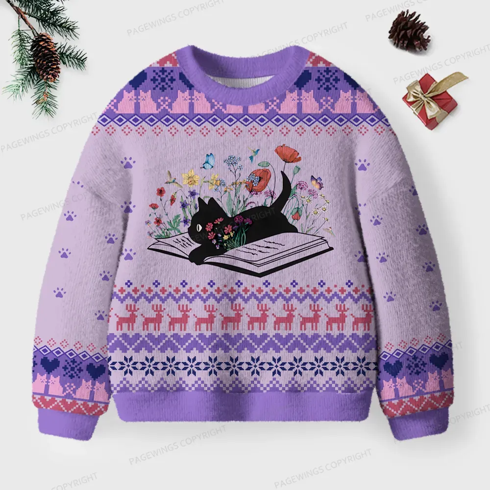 Pagewings Easily Distracted By Cats & Books Unisex Ugly Knit Sweatshirt