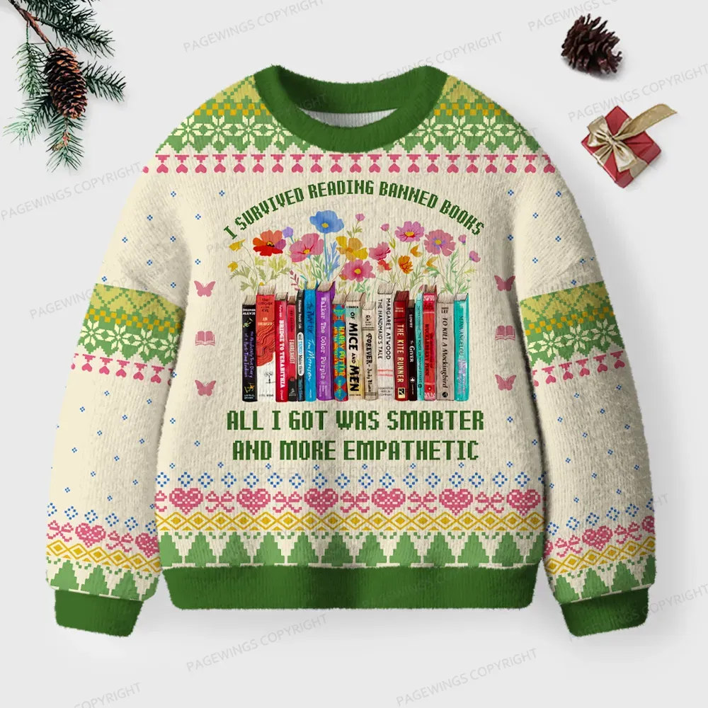 Pagewings I Survived Reading Banned Books Unisex Ugly Knit Sweatshirt