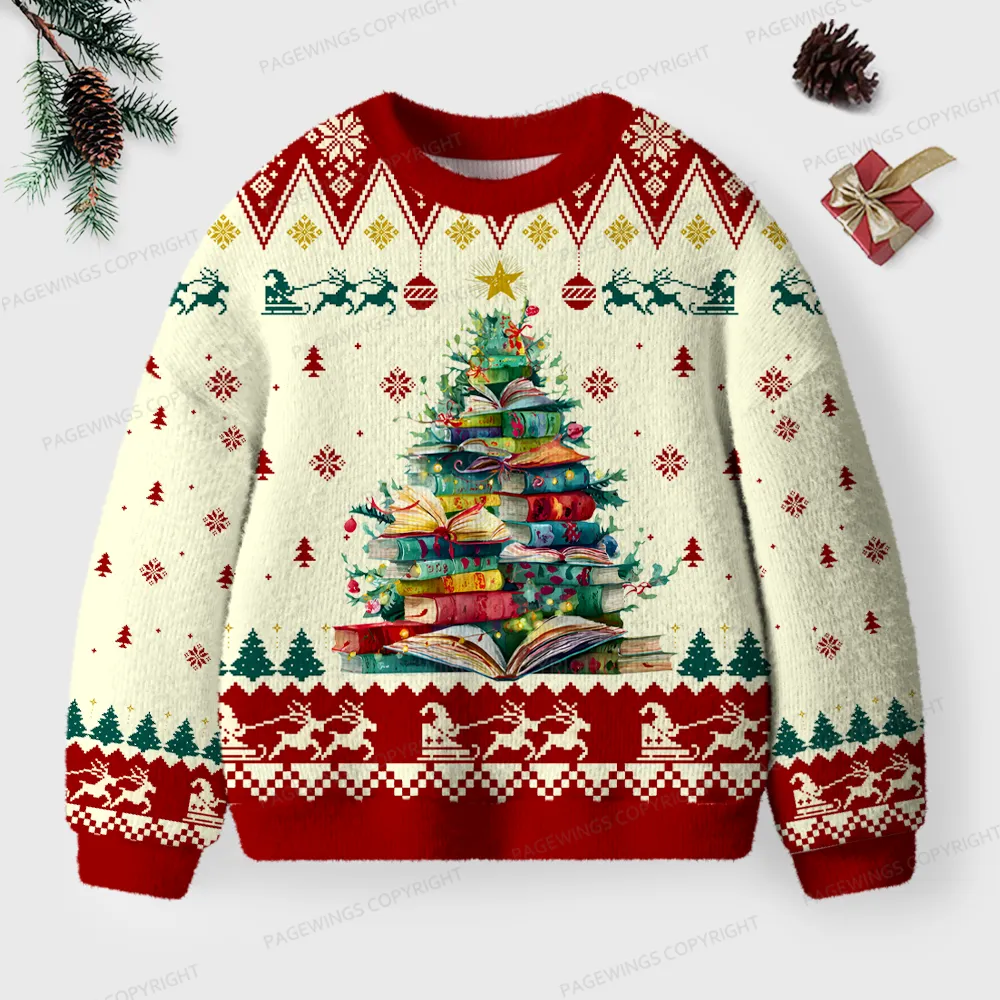 Pagewings Book Christmas Tree Unisex Ugly Knit Sweatshirt