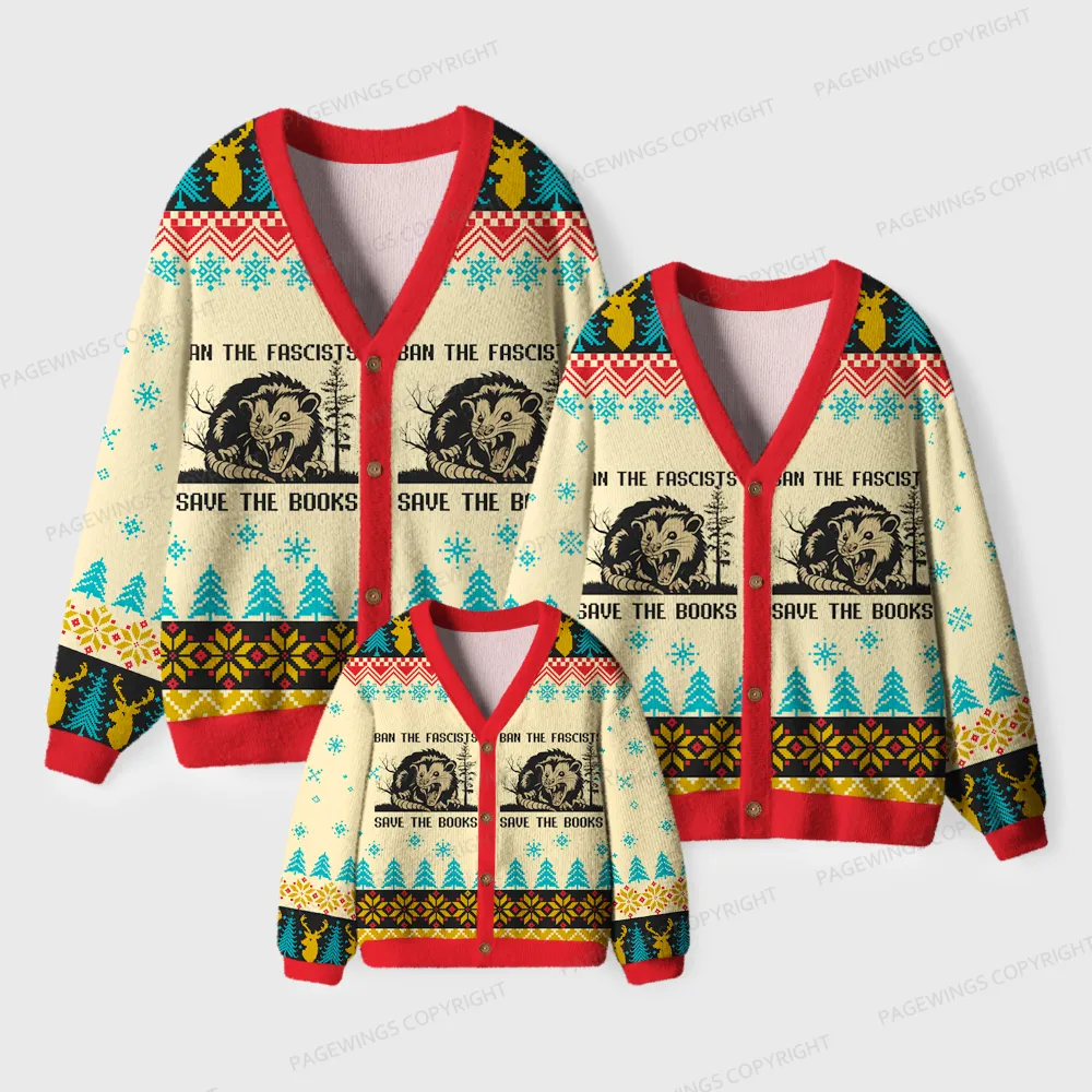 Pagewings Ban The Fascists Save The Books Unisex Ugly Cardigan Sweaters