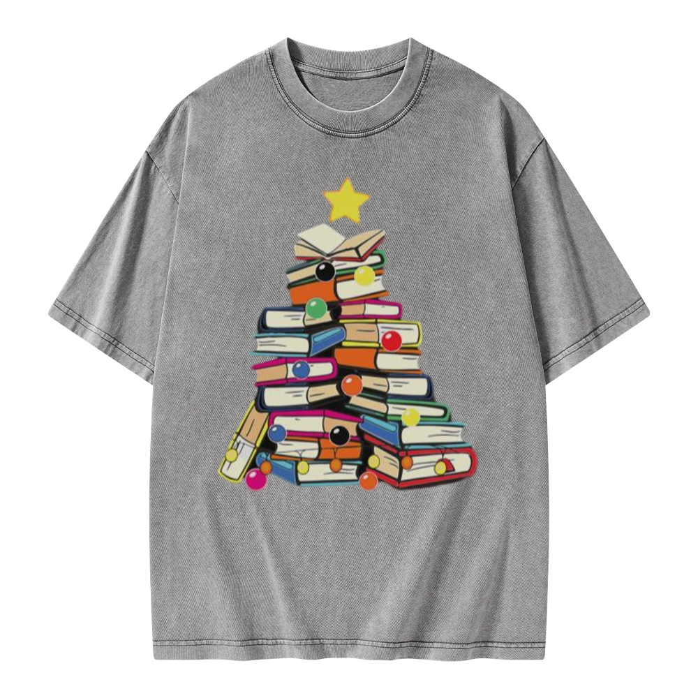 Pagewings Christmas Tree Bookworm Unisex Washed T-shirt